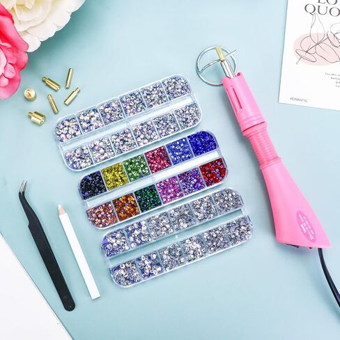Briskbloom Hotfix Rhinestones Appludator Kit مع 11000pcs Hot Fix Crystals 3mm 4mm 5mm ، kit bedazzler with Rhinestons 10SS 16SS 20ss for blinging cloth fabric ، 3 gems sizs ، multi colors in Kuwait