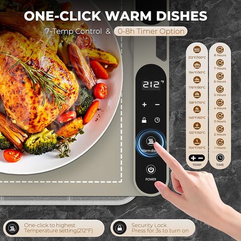 HomeLove Food Warming Hap - صينية للاحترار الكهربائي مع درجة حرارة 7 من مستوى و 8 ساعات مؤقت ، كامل السطح سريع التدفئة لفها أكثر دفئا مع وسادة عزل الحرارة لحفلات التجمعات بوفيه رمادي in Kuwait