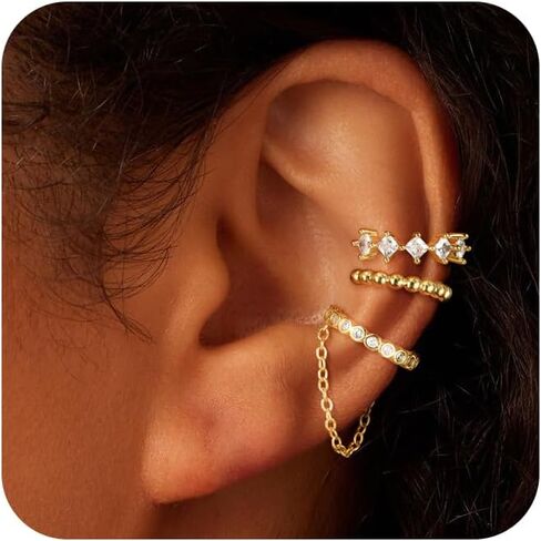 Gold Ear Cuff Earrings for Women, Dainty 14K Gold Plated Ear Cuffs Non Pierced Trendy Hypoallergenic Cubic Zirconia Cartilage Hoop Earring Waterproof Jewelry Set for Women in Kuwait