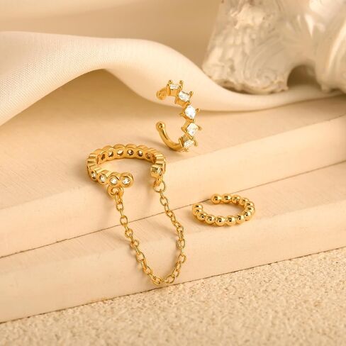 Gold Ear Cuff Earrings for Women, Dainty 14K Gold Plated Ear Cuffs Non Pierced Trendy Hypoallergenic Cubic Zirconia Cartilage Hoop Earring Waterproof Jewelry Set for Women in Kuwait