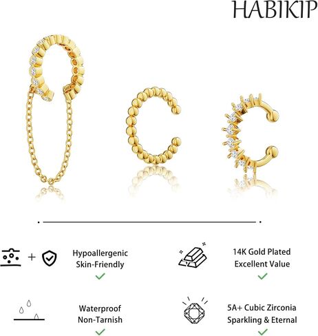 Gold Ear Cuff Earrings for Women, Dainty 14K Gold Plated Ear Cuffs Non Pierced Trendy Hypoallergenic Cubic Zirconia Cartilage Hoop Earring Waterproof Jewelry Set for Women in Kuwait