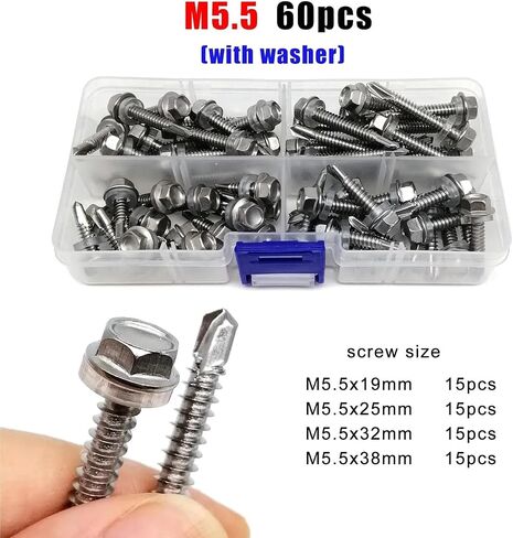 45-120pcs M4.2 M4.8 M5.5 M6.3 Mix Sizes Hex Flange Head Drill Tail Self Tapping Screw Set Kit 410 Stainless Steel for Iron Plate Aluminum(M5.5 60pcs) in Saudi Arabia