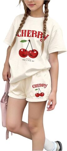 WDIRARA Toddler Girls 2 Piece Cherry Print Outfits Short Sleeve T Shirt and Bow Striped Shorts Set in Saudi Arabia