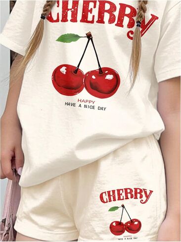 WDIRARA Toddler Girls 2 Piece Cherry Print Outfits Short Sleeve T Shirt and Bow Striped Shorts Set in Saudi Arabia