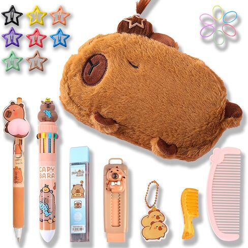 KEYDUACU Cute Capybara Pencil Case Set - Stationery Set with Hairstyle Decor Kit, Large Capacity School Supplies Bag, 10-Color Pen & Pencil Capibara Capybara Gift(Brown) in Kuwait