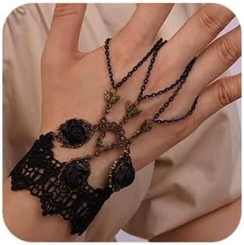 kercisbeauty الأسود روز الزهور عدم وجود سوار مع البنصر القوطية سلسلة اليد الرجعية الذهب المعادن قلادة سلسلة المعصم للنساء الفتيات مجوهرات حفلة الهالوين (نمط 5) in Saudi Arabia