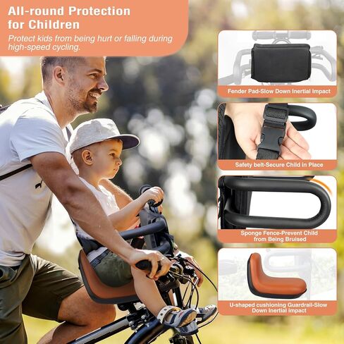 Meghna Bike Child Seat مقعد مثبت على دراجة مريحة للدراجة المريحة مع ارتفاع مسند الظهر ، ومقعد الطفل للدراجات مع دواسات القدم للطفلة (Orange - Style 2) in Saudi Arabia