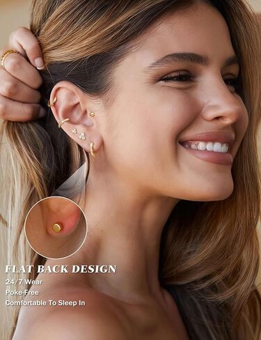 JeryWe Surgical Steel Flat Back Earrings Hypoallergenic 14K Gold Plated Cartilage Earrings for Women Trendy Small Hoop Stud Earring Stacks Flatback Stud Earring Set Helix Conch Tragus Piercing Jewelry in Kuwait