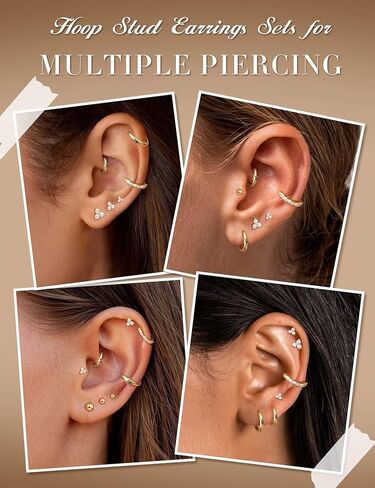 JeryWe Surgical Steel Flat Back Earrings Hypoallergenic 14K Gold Plated Cartilage Earrings for Women Trendy Small Hoop Stud Earring Stacks Flatback Stud Earring Set Helix Conch Tragus Piercing Jewelry in Kuwait