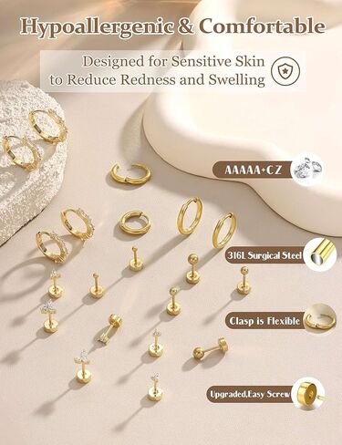 JeryWe Surgical Steel Flat Back Earrings Hypoallergenic 14K Gold Plated Cartilage Earrings for Women Trendy Small Hoop Stud Earring Stacks Flatback Stud Earring Set Helix Conch Tragus Piercing Jewelry in Kuwait