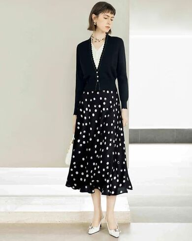 Women's Polka Dot Silk Midi Skirt - 19 Momme Mulberry Crepe de Chine, A-Line for Wedding/Office in Kuwait