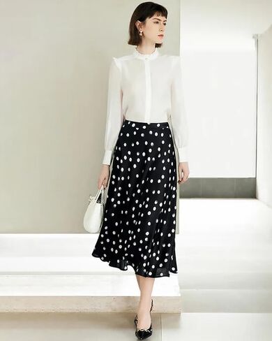Women's Polka Dot Silk Midi Skirt - 19 Momme Mulberry Crepe de Chine, A-Line for Wedding/Office in Kuwait