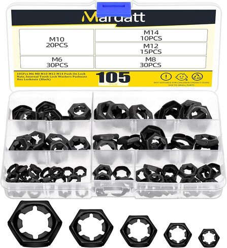 105Pcs M6 M8 M10 M12 M14 Push On Lock Nuts, Internal Tooth Lock Washers Pushnuts Hex Locknuts (Black) in Saudi Arabia