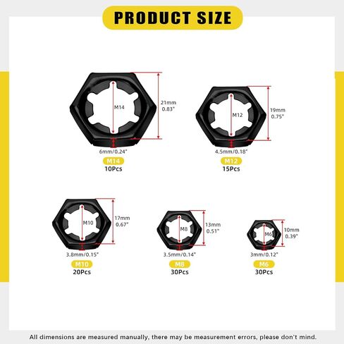 105Pcs M6 M8 M10 M12 M14 Push On Lock Nuts, Internal Tooth Lock Washers Pushnuts Hex Locknuts (Black) in Saudi Arabia