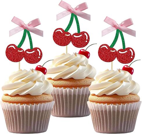 24 Pack She's the Cherry On Top Cupcake Toppers, Glitter Cherry Sweet Cake Pick for Fruits Theme Baby Shower and Bridal Shower Decorations Supplies (Top) in Saudi Arabia