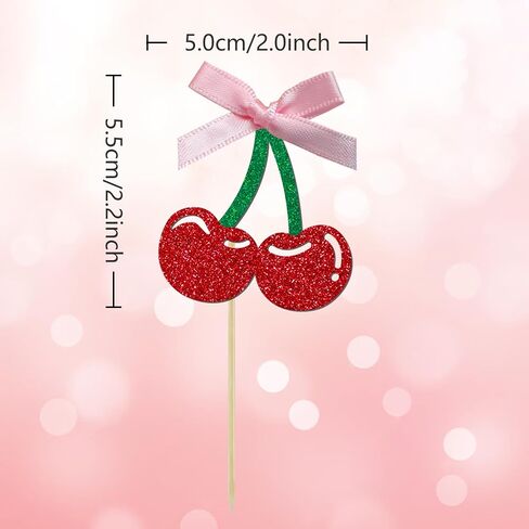24 Pack She's the Cherry On Top Cupcake Toppers, Glitter Cherry Sweet Cake Pick for Fruits Theme Baby Shower and Bridal Shower Decorations Supplies (Top) in Saudi Arabia