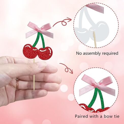 24 Pack She's the Cherry On Top Cupcake Toppers, Glitter Cherry Sweet Cake Pick for Fruits Theme Baby Shower and Bridal Shower Decorations Supplies (Top) in Saudi Arabia
