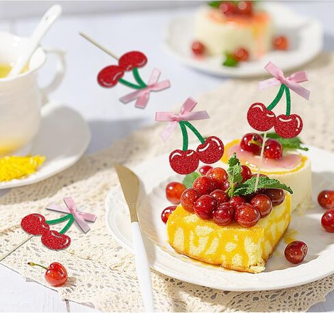 24 Pack She's the Cherry On Top Cupcake Toppers, Glitter Cherry Sweet Cake Pick for Fruits Theme Baby Shower and Bridal Shower Decorations Supplies (Top) in Saudi Arabia