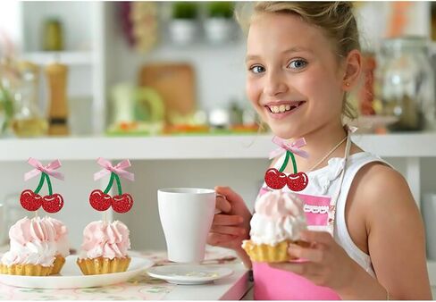24 Pack She's the Cherry On Top Cupcake Toppers, Glitter Cherry Sweet Cake Pick for Fruits Theme Baby Shower and Bridal Shower Decorations Supplies (Top) in Saudi Arabia