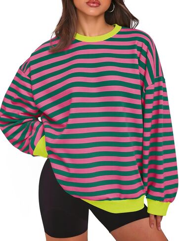 Tankaneo Womens Oversized Color Block Sweatshirts Striped Crew Neck Fall Tops Loose Fit Long Sleeve Pullover Shirts in Saudi Arabia