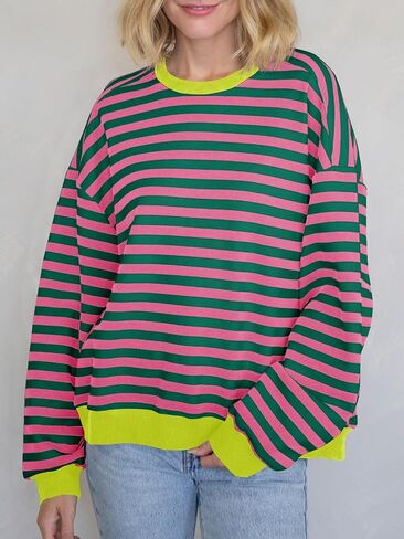 Tankaneo Womens Oversized Color Block Sweatshirts Striped Crew Neck Fall Tops Loose Fit Long Sleeve Pullover Shirts in Saudi Arabia