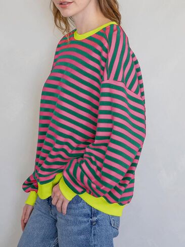 Tankaneo Womens Oversized Color Block Sweatshirts Striped Crew Neck Fall Tops Loose Fit Long Sleeve Pullover Shirts in Saudi Arabia