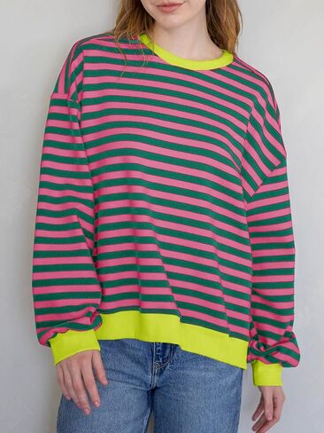 Tankaneo Womens Oversized Color Block Sweatshirts Striped Crew Neck Fall Tops Loose Fit Long Sleeve Pullover Shirts in Saudi Arabia