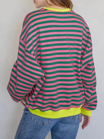Tankaneo Womens Oversized Color Block Sweatshirts Striped Crew Neck Fall Tops Loose Fit Long Sleeve Pullover Shirts in Saudi Arabia
