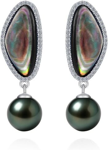 Tahitian Black Pearl Earrings, 8-9mm AAA Handpicked Natural Black Pearl Stud Earrings with D Color Moissanite & 18K White Gold Plated Sterling Silver, Luxury Gifts for Women, Mother, Girlfriend, Anniversary, Birthday, Valentines, Mothers Day in Saudi Arabia