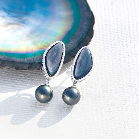 Tahitian Black Pearl Earrings, 8-9mm AAA Handpicked Natural Black Pearl Stud Earrings with D Color Moissanite & 18K White Gold Plated Sterling Silver, Luxury Gifts for Women, Mother, Girlfriend, Anniversary, Birthday, Valentines, Mothers Day in Saudi Arabia