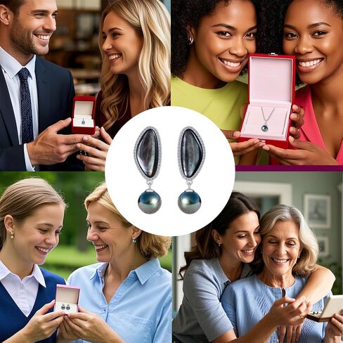 Tahitian Black Pearl Earrings, 8-9mm AAA Handpicked Natural Black Pearl Stud Earrings with D Color Moissanite & 18K White Gold Plated Sterling Silver, Luxury Gifts for Women, Mother, Girlfriend, Anniversary, Birthday, Valentines, Mothers Day in Saudi Arabia
