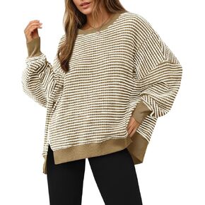 Fisoew Women's Women Switshirs vensical Waffle Knit Long Sleeve Crewneck Split Pullover Tunic Tops in Saudi Arabia