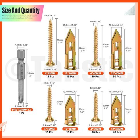 Tanstic 200pcs الحفر ذاتي الحوائط الجافة مع مسامير ، 4 أحجام مختلفة دريوال الحفر الذات in Kuwait