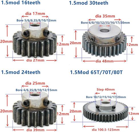 ترس الأسنان السومية التروس 1pcs 1.5 mod bore 8mm نقل ترس مع الخطوة 12 15 16 18 20 24 25 30 35 الصلب الكربوني للأسنان للمحرك (24 أسنان) in Saudi Arabia