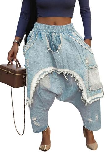 Vakkest Women's Harem Denim Pants Elastic High Waist Raw Trim Hem Patchwork Boyfriend Wide Leg Jeans with Pockets in Saudi Arabia