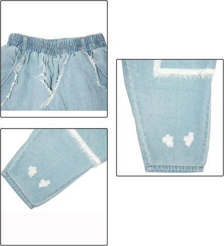 Vakkest Women's Harem Denim Pants Elastic High Waist Raw Trim Hem Patchwork Boyfriend Wide Leg Jeans with Pockets in Saudi Arabia