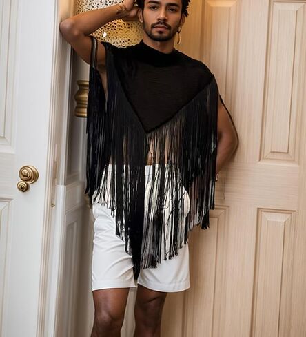 Men's Long Tassel Shrug Shoulder Pads Tank Top Clubwear Disco Rave Outfits Patchwork Sequins Fringe Outwears in Kuwait