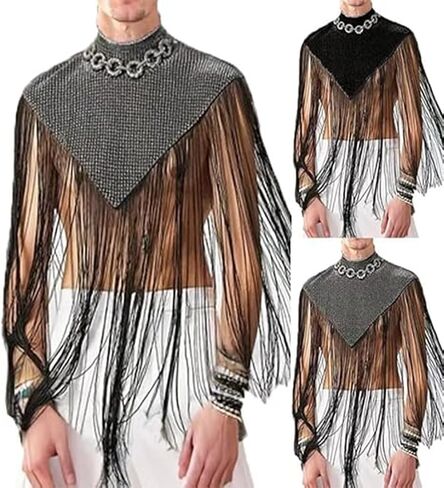 Men's Long Tassel Shrug Shoulder Pads Tank Top Clubwear Disco Rave Outfits Patchwork Sequins Fringe Outwears in Kuwait
