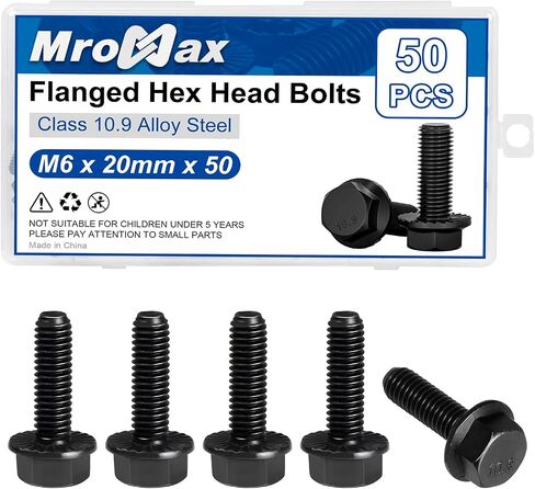 M6-1.0 x 16mm Flanged Hex Head Bolts, 55Pcs Serrated Flange Bolt, Class 10.9 Alloy Steel, Black Oxide, Coarse Thread Fully Threaded, External Flange Hex Drive Screws, DIN6921/GB5789 in Saudi Arabia
