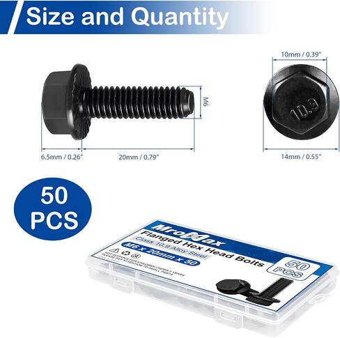 M6-1.0 x 16mm Flanged Hex Head Bolts, 55Pcs Serrated Flange Bolt, Class 10.9 Alloy Steel, Black Oxide, Coarse Thread Fully Threaded, External Flange Hex Drive Screws, DIN6921/GB5789 in Saudi Arabia