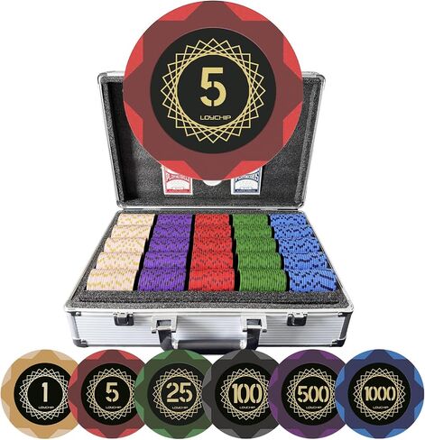 Clay Poker Set with Numbered Chips 1000-pcs for Card Board Game, 14g Weight with Playing Cards for Texas Hold'em, Blackjack Gambling, Late Night Poker Games in Saudi Arabia