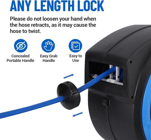 Enclosed Retractable Air Hose Reel,3/8 in x 25Ft Hybrid Hose Air Compressor Hose Reel with 5 Ft In Max 300 PSI Patented Design for Any Length Lock 180°Swivel Bracket Quick Coupler，metal in Saudi Arabia