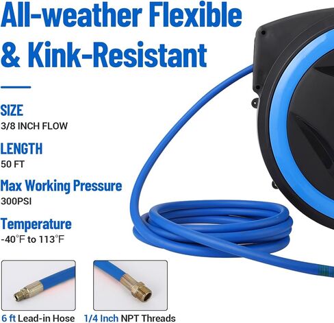 Enclosed Retractable Air Hose Reel,3/8 in x 25Ft Hybrid Hose Air Compressor Hose Reel with 5 Ft In Max 300 PSI Patented Design for Any Length Lock 180°Swivel Bracket Quick Coupler，metal in Saudi Arabia