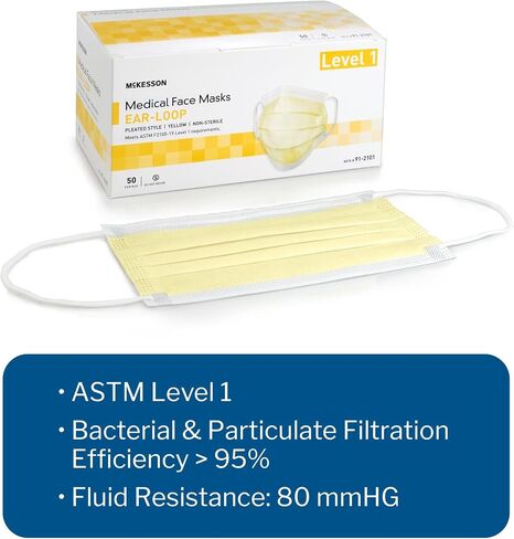 McKesson Medical Face Masks, Level 1 - Pleated with Ear Loops, Non-Sterile, Yellow - One Size Fits Most Adults, 7 in x 3.75 in, 50 Count, 1 Pack in Saudi Arabia