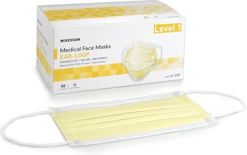 McKesson Medical Face Masks, Level 1 - Pleated with Ear Loops, Non-Sterile, Yellow - One Size Fits Most Adults, 7 in x 3.75 in, 50 Count, 1 Pack in Saudi Arabia