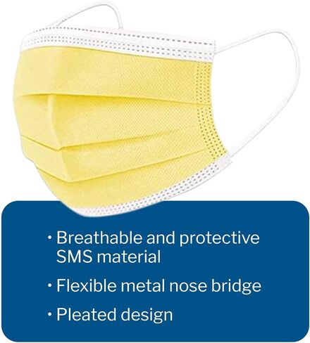 McKesson Medical Face Masks, Level 1 - Pleated with Ear Loops, Non-Sterile, Yellow - One Size Fits Most Adults, 7 in x 3.75 in, 50 Count, 1 Pack in Saudi Arabia