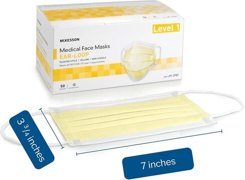 McKesson Medical Face Masks, Level 1 - Pleated with Ear Loops, Non-Sterile, Yellow - One Size Fits Most Adults, 7 in x 3.75 in, 50 Count, 1 Pack in Saudi Arabia