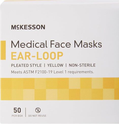 McKesson Medical Face Masks, Level 1 - Pleated with Ear Loops, Non-Sterile, Yellow - One Size Fits Most Adults, 7 in x 3.75 in, 50 Count, 1 Pack in Saudi Arabia