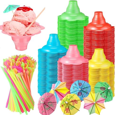 Huaerle 150 Pieces Ice Cream Cups and Spoon with Paper Umbrellas, Colorful Small Plastic Dessert Bowls Snack Ice Cream Cups for Holiday Party Summer Cookout Kids Birthday, 8 OZ in Saudi Arabia