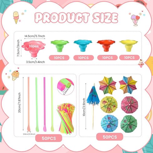 Huaerle 150 Pieces Ice Cream Cups and Spoon with Paper Umbrellas, Colorful Small Plastic Dessert Bowls Snack Ice Cream Cups for Holiday Party Summer Cookout Kids Birthday, 8 OZ in Saudi Arabia